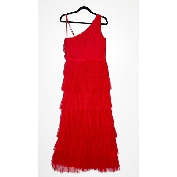 NWOT Ieena for Mac Duggal Mesh Ruffle One Shoulder Tiered Gown Women Red Size 10 - Picture 4 of 7